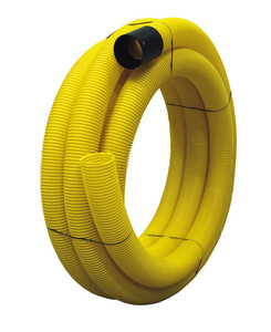 Dränagerohr (gelocht) oder Wellrohr (ungelocht), gelb, wahlweise in DN 100 oder DN 80 Durchmesser, in 10m oder 50m Rollen