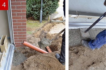 Einbringen des Rinnenfundamentes
gemäß Einbauempfehlung. Verdichten des Rinnenfundamentes. Vorbereiten des Ablaufes für KG-Rohr DN/OD 110